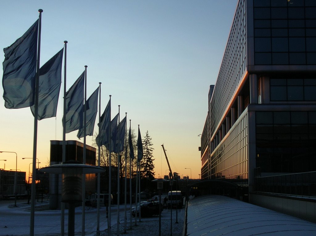 Row of flags in front of TOKE office building by Petteri Kantokari