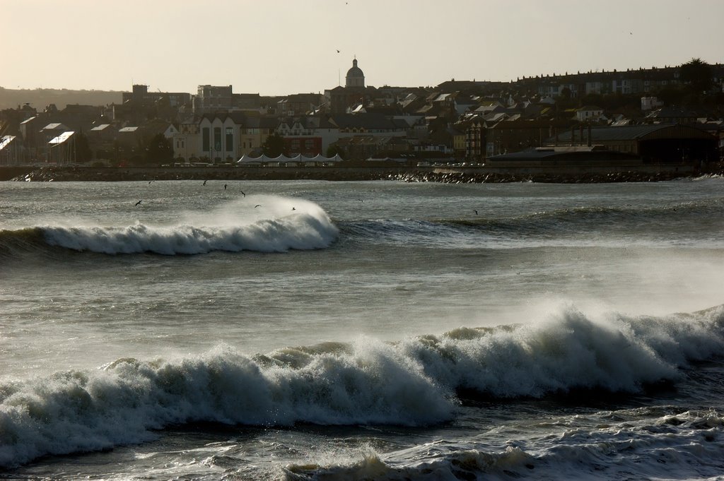 Rough seas in Mounts bay with Penzance in the background by Chris Scaysbrook