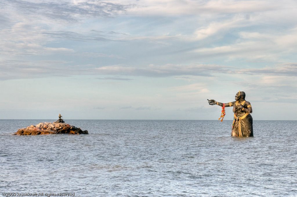 Phra Arphai Mani playing flute on island and giant demoness Pee Seua Samut by krashkraft