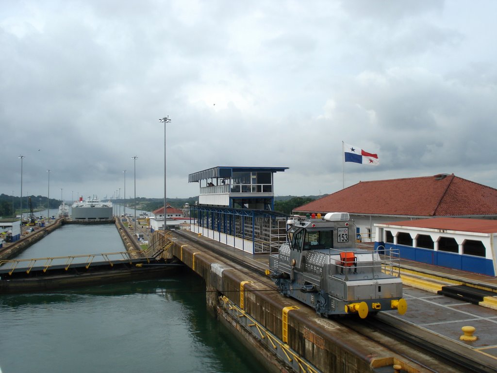 Mule -Train - Tourist And Panama Flag In Gatun Lock Of Panama Canal by ---=XEON=---