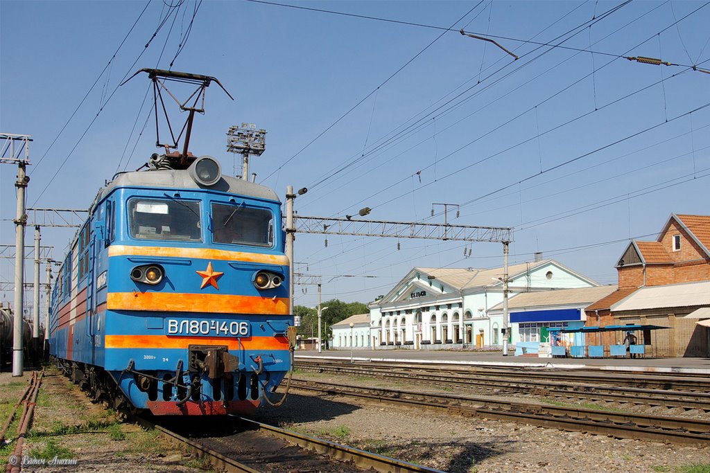 Electric locomotive VL80T-1406 with train on the train station Sal'sk by Vadim Anokhin