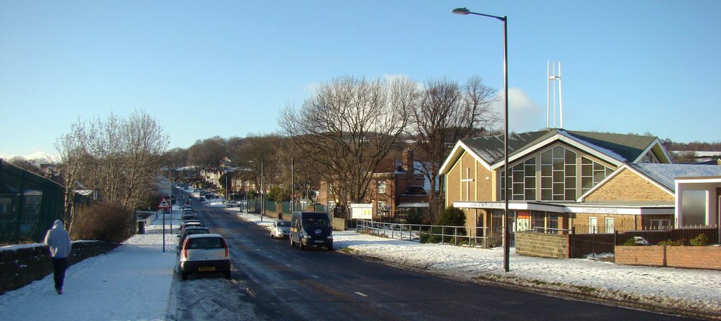 Panorama looking due west along a snowy Ben Lane, Wisewood, Sheffield S6 by sixxsix