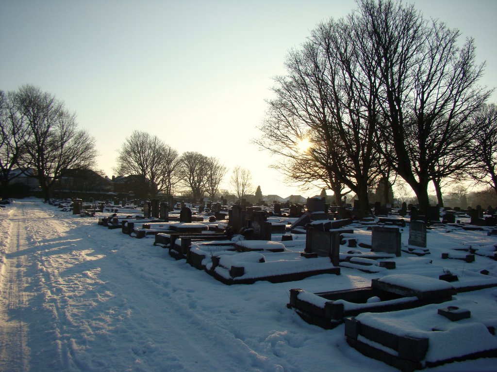 Low sun over a snowy Crookes Cemetery 2, Sheffield S10 by sixxsix