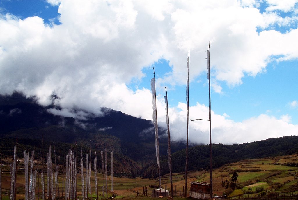 Prayer flags near Geyden Lhakhang in Ura, Bumthang by Bob Witlox