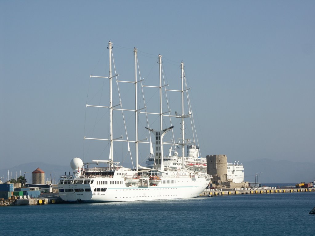 Wind Star (large sailing boat) at anchor in harbour Rhodes by Wim Janssen