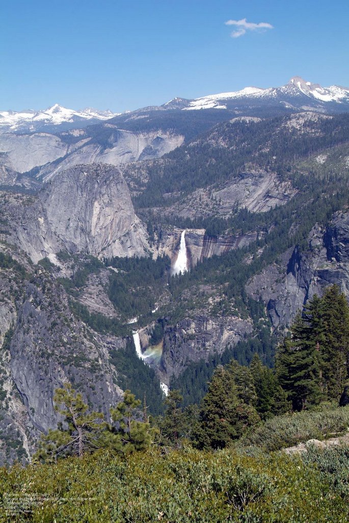 Rainbow in the Mist Trail - Mt Clark, Nevada and Vernal Falls from Glacier Point by Chip Stephan