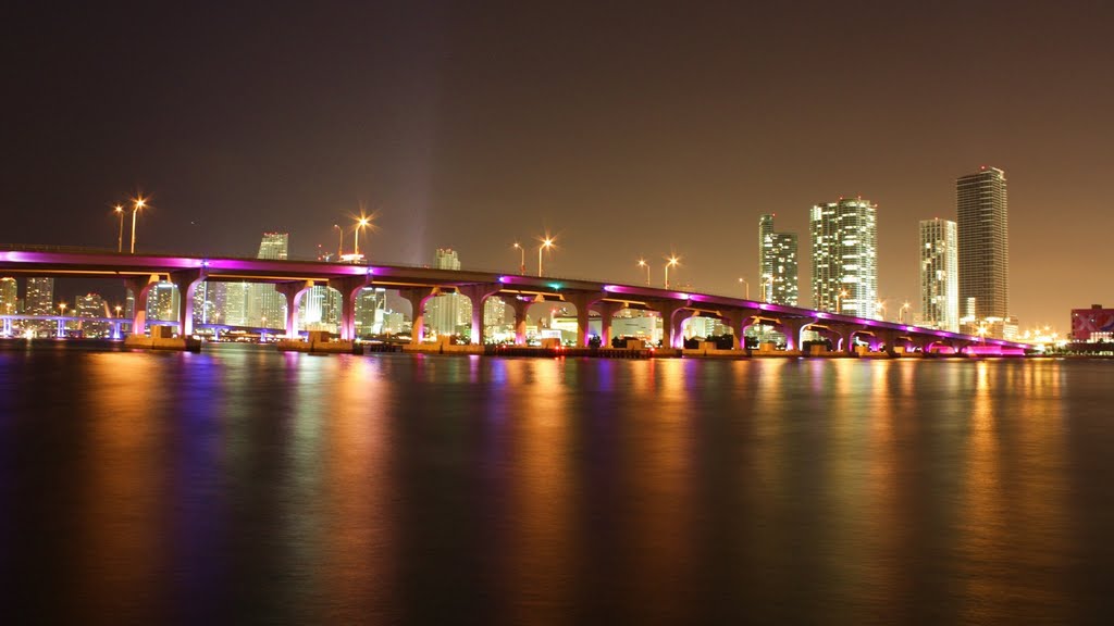 Miami Downtown Mac Arthur Causeway at night by R. Hakenjos