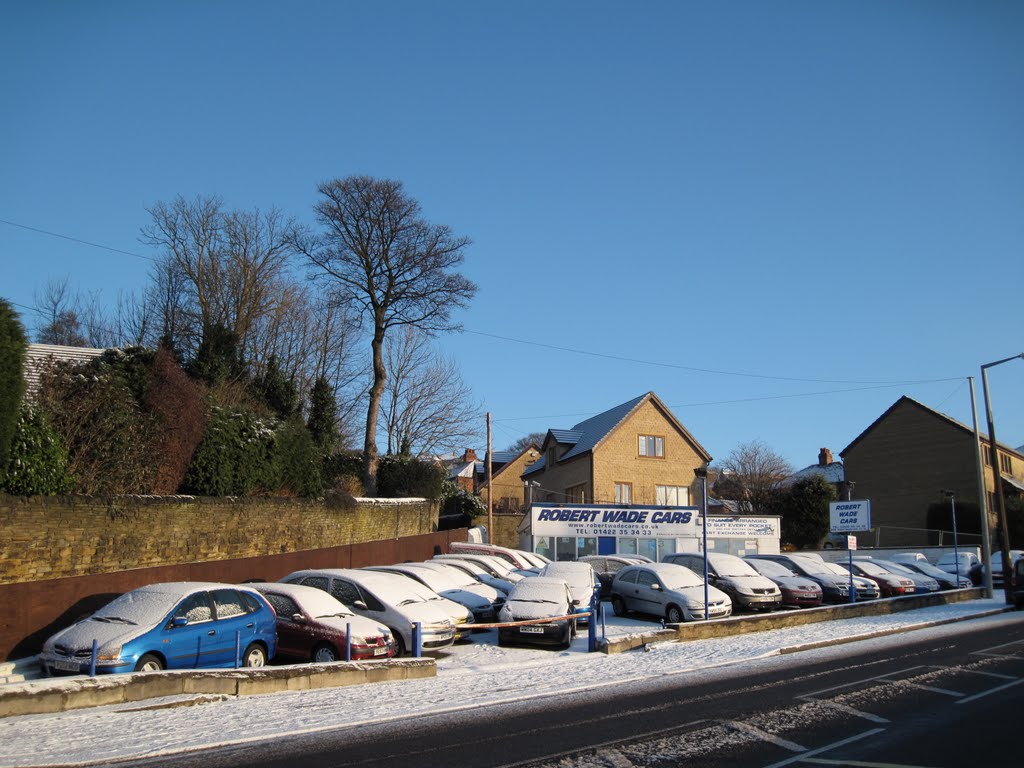 Snow on Robert Wade Cars, Pye Nest Road, Sowerby Road by alastairwallace