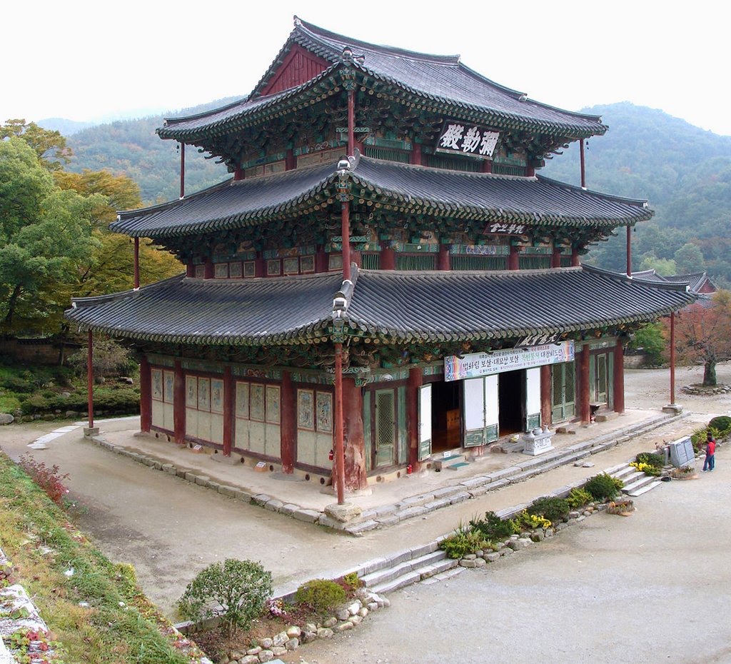 Geumsansa Mireukjeon - Maitreya Hall, housing a large Mireuksa Buddha (Buddha of the Future), is a three story wooden building, unique among Korean Buddhist halls. National Treasure #62. Geumsansa is a head temple of the Jogye Order of Korean Buddhism. It stands on the slopes of Moak-san in Gimje, Jeollabuk-do, South Korea. The temple was constructed in 599. by §teve