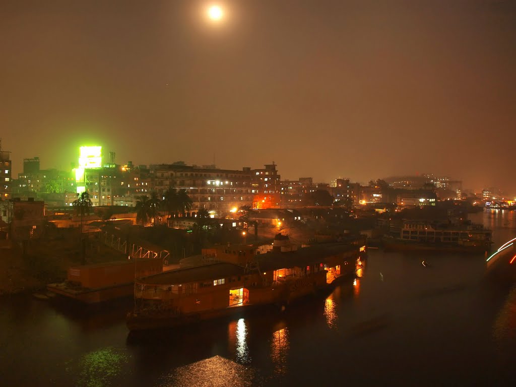 Sadarghat Babubazar areas from Babubazar bridge at night by Shaheed