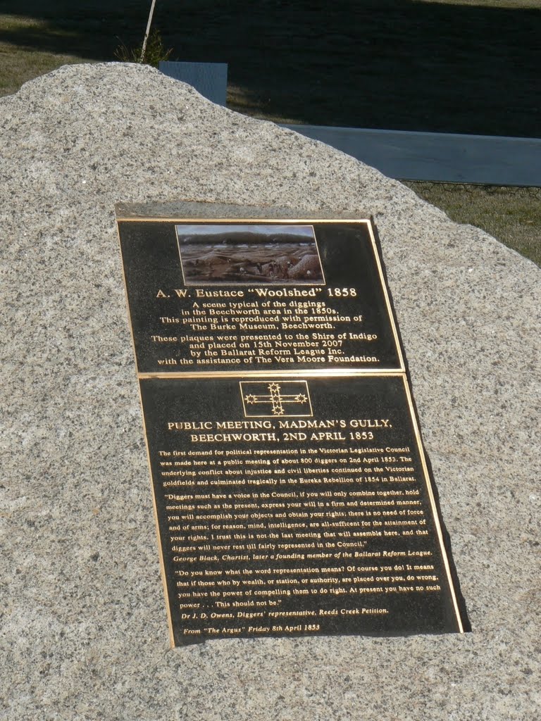 Plaque commemorating the first meetings demanding representation by Warwick Sellens