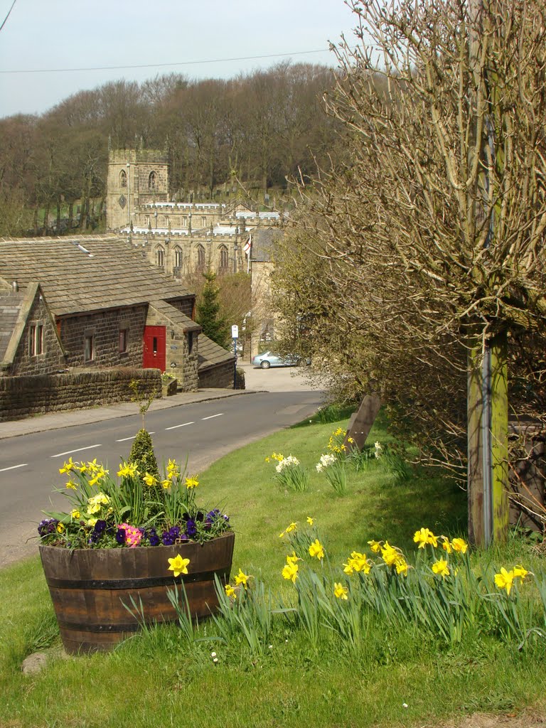 Looking over springtime display towards St. Nicholas church, High Bradfield, Sheffield S6 by sixxsix