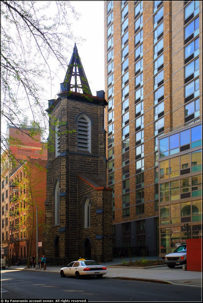 Entrance, New York University Dormitory (opened 2010) - 112 East 12th Street, NYC - April 2010 . . . The structure at the entrance of this buildings was once part of St. Ann's Armenian Catholic Cathedral / St. Ann's Roman Catholic Church, which previously occupied this lot. by LuciaM