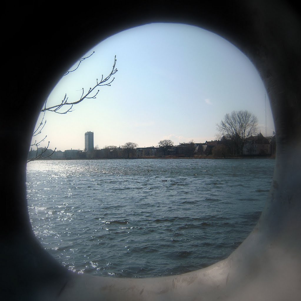 Looking through a sculpture to Skt. Jørgens Sø by Petteri Kantokari