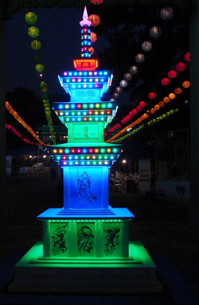 Lighted pagoda during the Buddha's Birthday celebration at Bongeunsa (Buddhist temple) in Seoul South Korea. by §teve