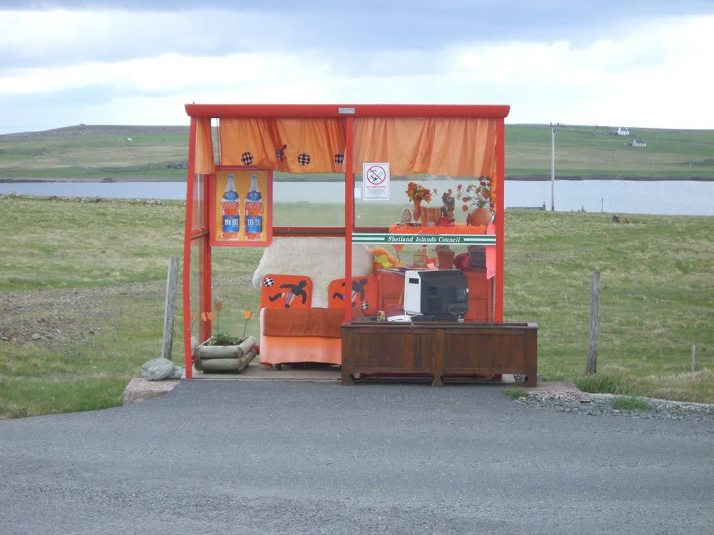 Bobby's orange bus shelter, Unst, Shetland Islands, 2010 by crazedalamo