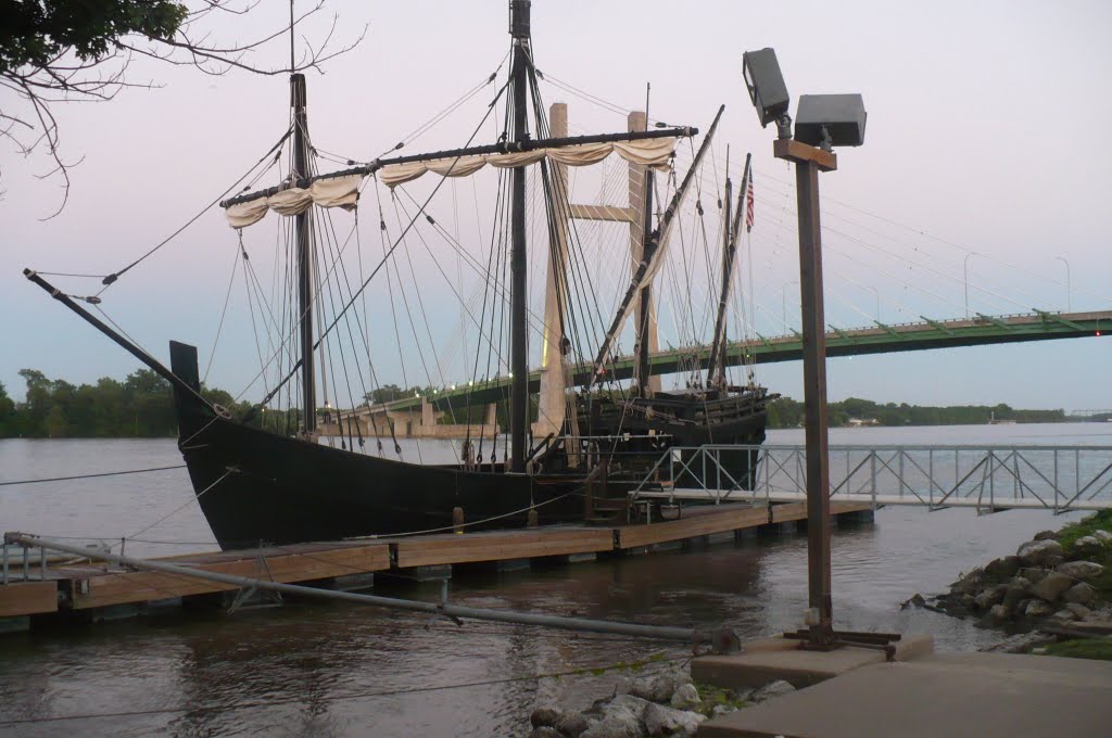 Sailing Replicas at dock with Great River Bridge in background by Rod Reeves