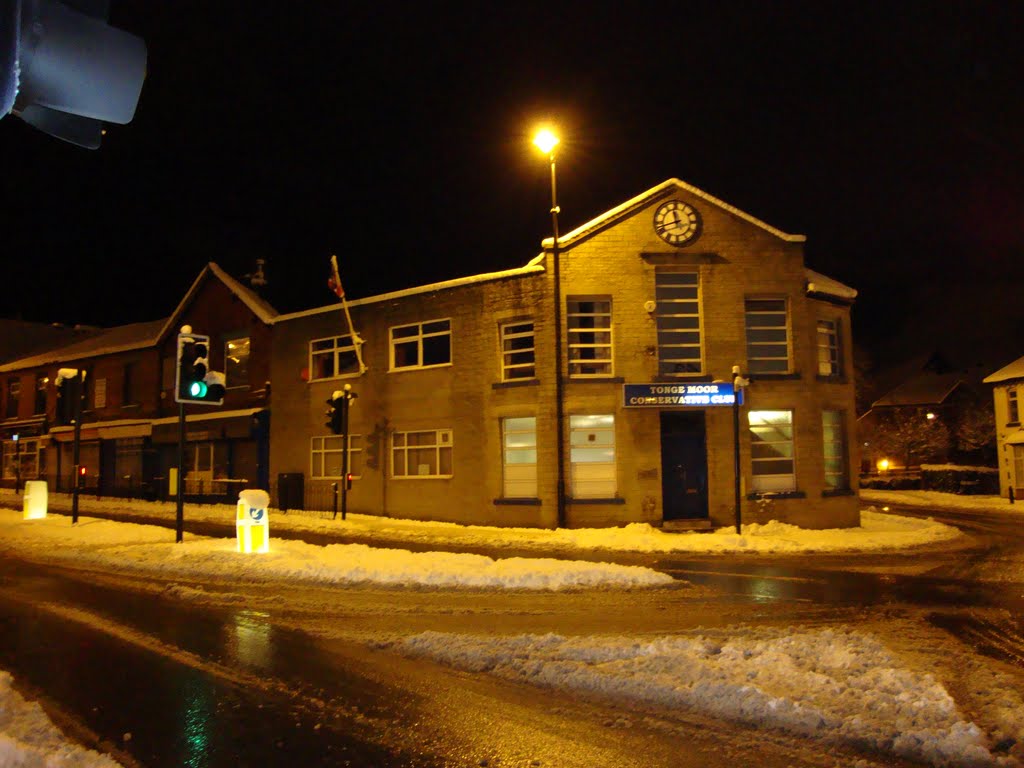 Tonge Moor Conservative Club at night in the snow by steve anzac