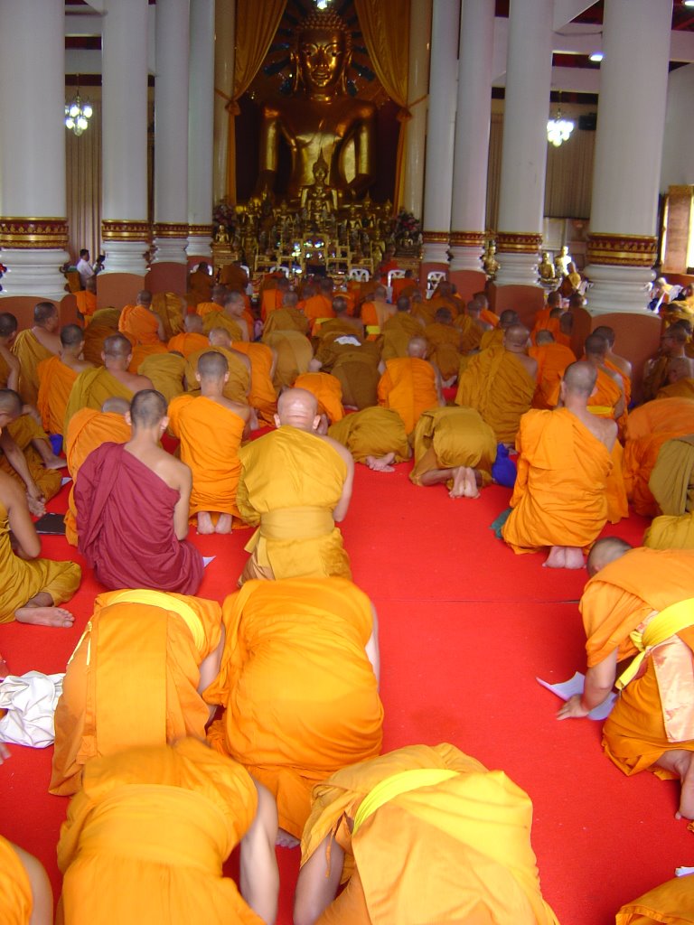 Praiyng monks in a temple in Chiang Mai Thailand by chezandy