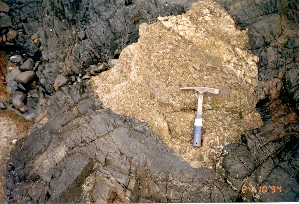 Xenólito de granitóide em dique de diabásio - Ponta do Araçá (localização não exata), São Sebastião (anos 1990), SP, Brasil. by André Bonacin