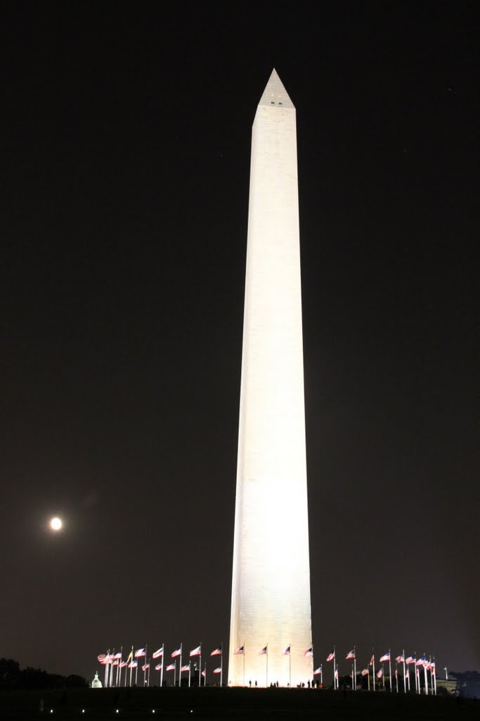 United States Capitol and Washington Monument at Night with the Moon in the Background by skibum415