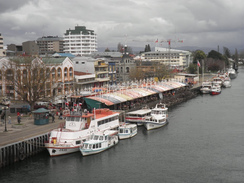 Sector del mercadode mariscos y verduras, desde el Puente Pedro de Valdivia, Valdivia, Chile by Alcione en Valdivia