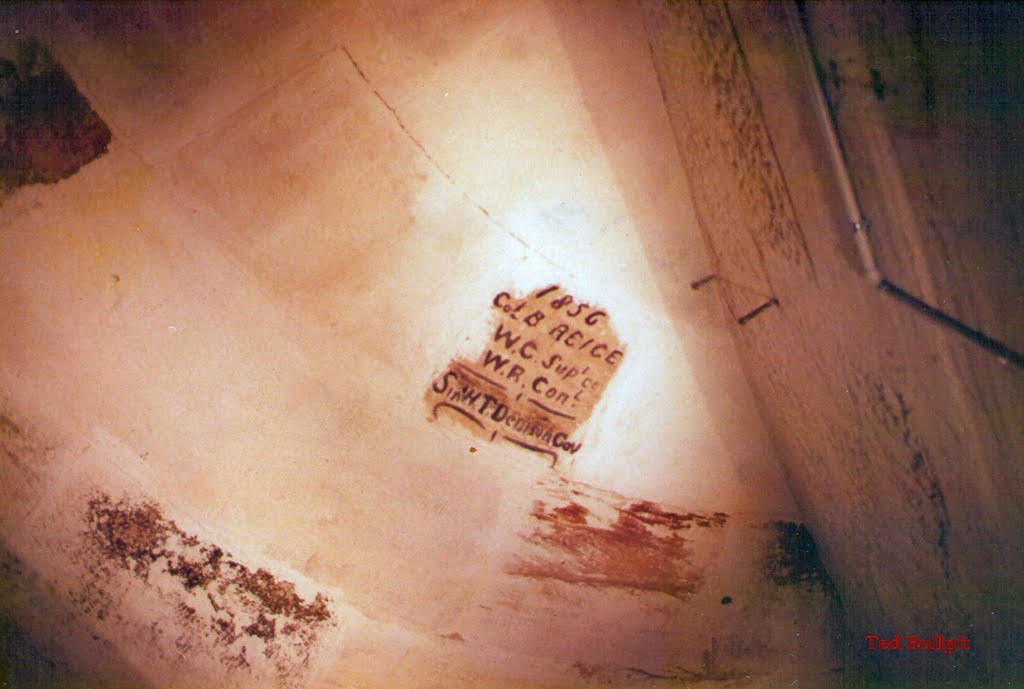 Writing on ceiling in Fort Denisons Martello Tower 1856 the bottom name is Governor Sir William Denison the others I dont Know Picture taken 1992 by Ted Bullpit