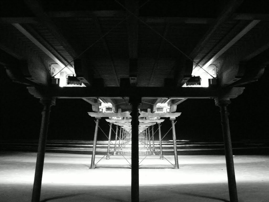 Saltburn Pier lit up @ night in B&W by Lord Hartley