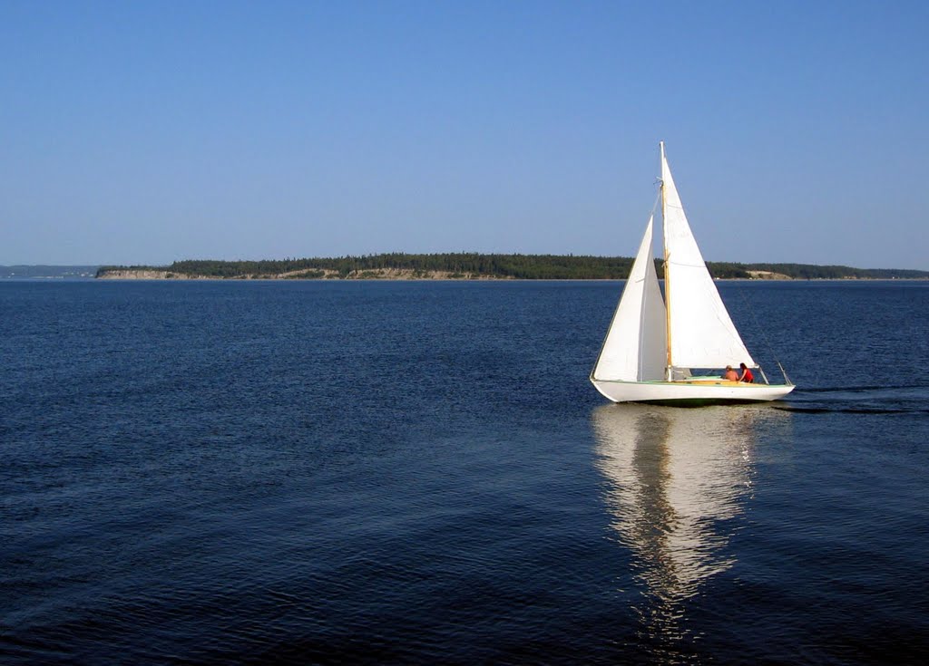 Sailboat with Whidbey Island in background by Duane Stark