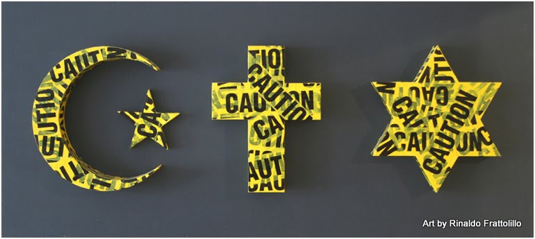 The Branding of Faith, 2008 27" x 60" x 5" Wooden symbols wrapped in Caution tape on panel This sculpture tries to point out the influence of religion and it’s symbols. The symbols of Islam, Christianity, and Judaism were all made the same size, and cov by RinaldoFrattolillo 