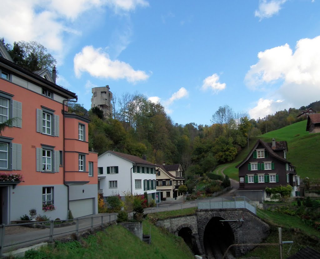 An der Grenze Wattwil, Lichtensteig, Die Häuser links im Bild gehören zum Städtchen Lichtenstg. Das Haus rechts gehört noch zur Gemeinde Wattil, darunter der Eingang zum Wasserfluhtunnel (Lichtensteig - Brunnadern) by LydiaHaabKrummenauCH