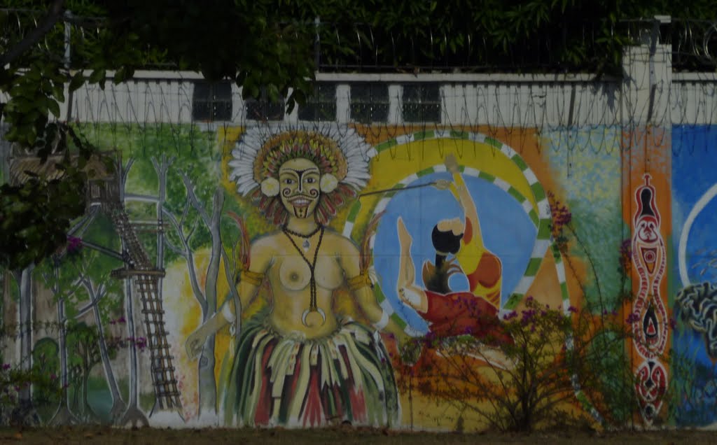 One of Many PNG & Chinese Traditional Cultural Murals along Razor Topped Security Fence , Bordering around Chinese Embassy Compound in Godwit Street in GORDONS 5, in Port Moresby, PNG, on 18-07-2010 by Peter John Tate,