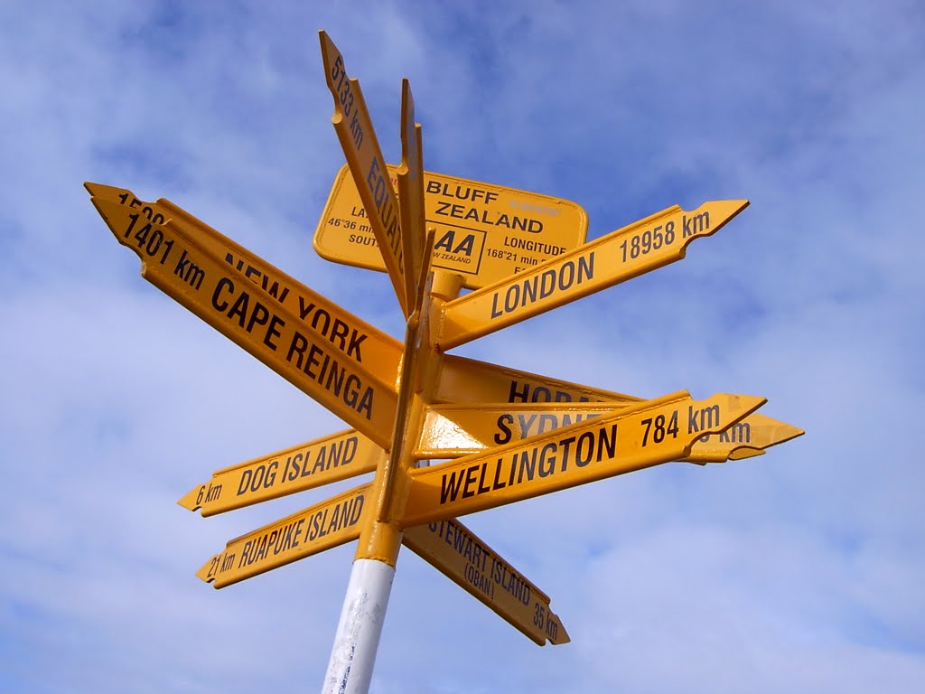 Bluff Signpost, New Zealand by kikiflower