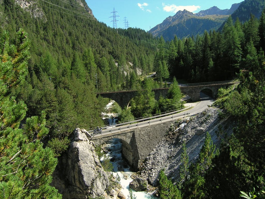 Road viaduct and railway gallery over Alvra mountain brook - before railway enters into the first loop tunnel at Punt Tranter ils Craps by Tomas K☼h☼ut