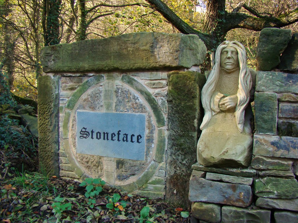 Stoneface sculpture at the entrance to Storrs Wood 2, Loxley Valley, Sheffield S6 by sixxsix