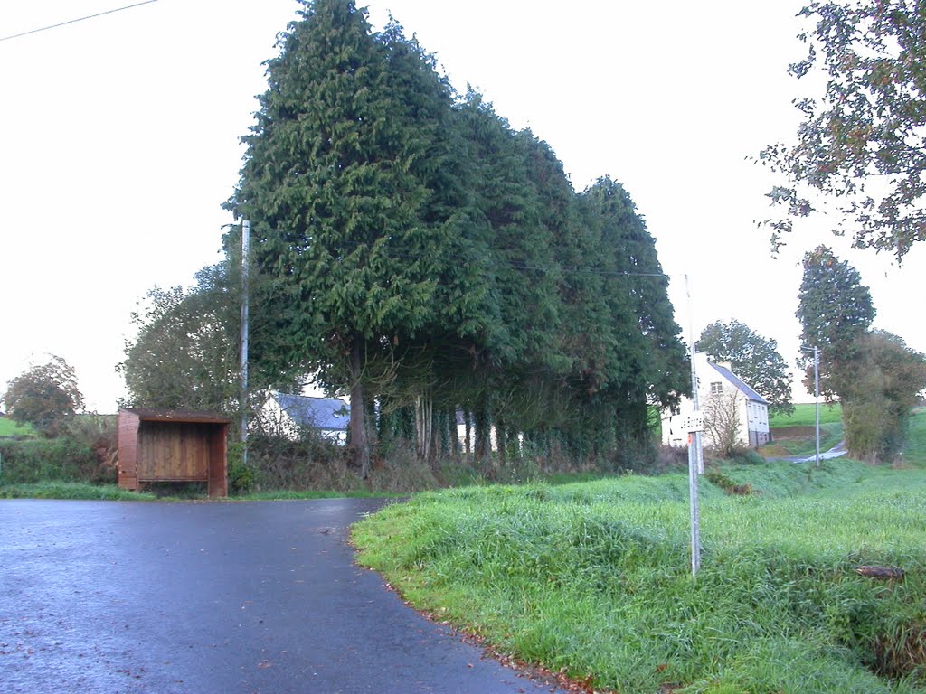 La Borde. The timber shelter, is the school bus stop. Nov 2010 by lebasdeslandes