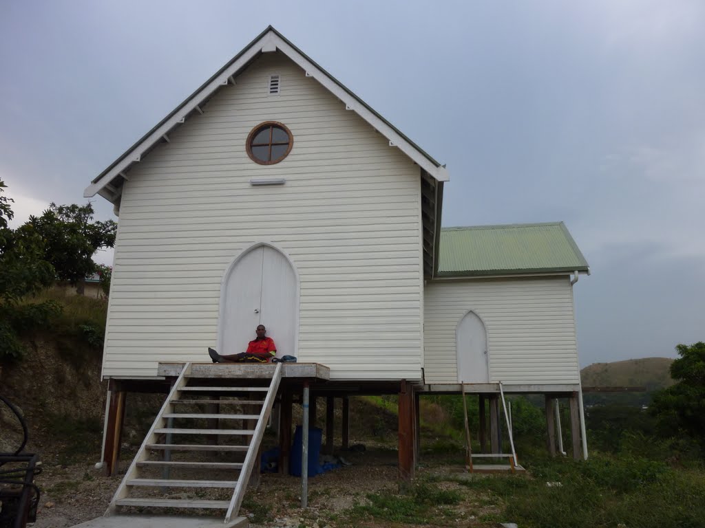 Relocated, 1890 UNITED CHURCH ELA , about April May 2010, to this site between Hanuabada and above GABI Village, still under Construction, Security Guard on Porch area, in KAEVAGA, Port Moresby, PNG, on 7-07-2010 by Peter John Tate,