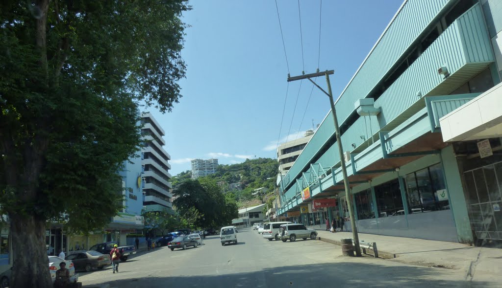 Along Champion Parade, on right is Down town PLAZA and Stop & Shop, also looking up to Touaguba Hill in Port Moresby, PNG, on 4-07-2010 by Peter John Tate,