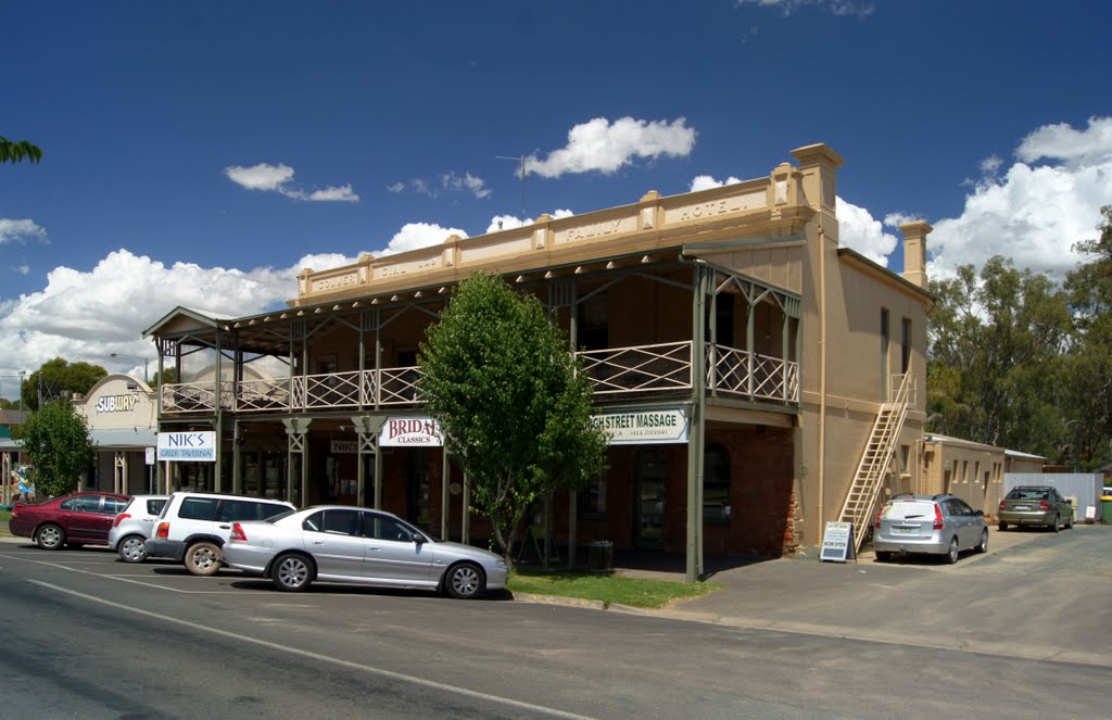 Former Commercial Hotel (2010). Built in 1862, this became a stop for Cobb & Co coaches en route to Bendigo. It traded as a hotel until 1971 when the licence was revoked by Muzza from McCrae