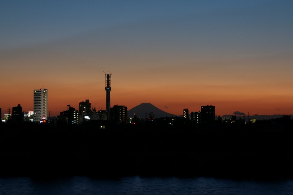 市川市国府台から見た夕暮れの富士山とスカイツリー by photodas