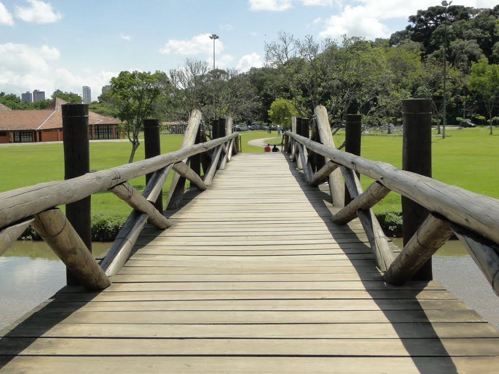 Vista superior da ponte de madeira sobre o Rio Barigui no Parque Barigui em Curitiba, PR. by Ricardo Mercadante