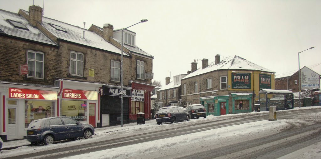 Panorama of looking towards a snowy Sydney Street and Commonside shops, Walkley, Sheffield S10/S6 by sixxsix