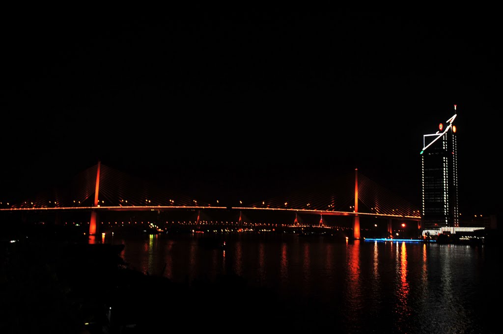 Rama IX Bridge and K Bank Building, Night View by John Muzi