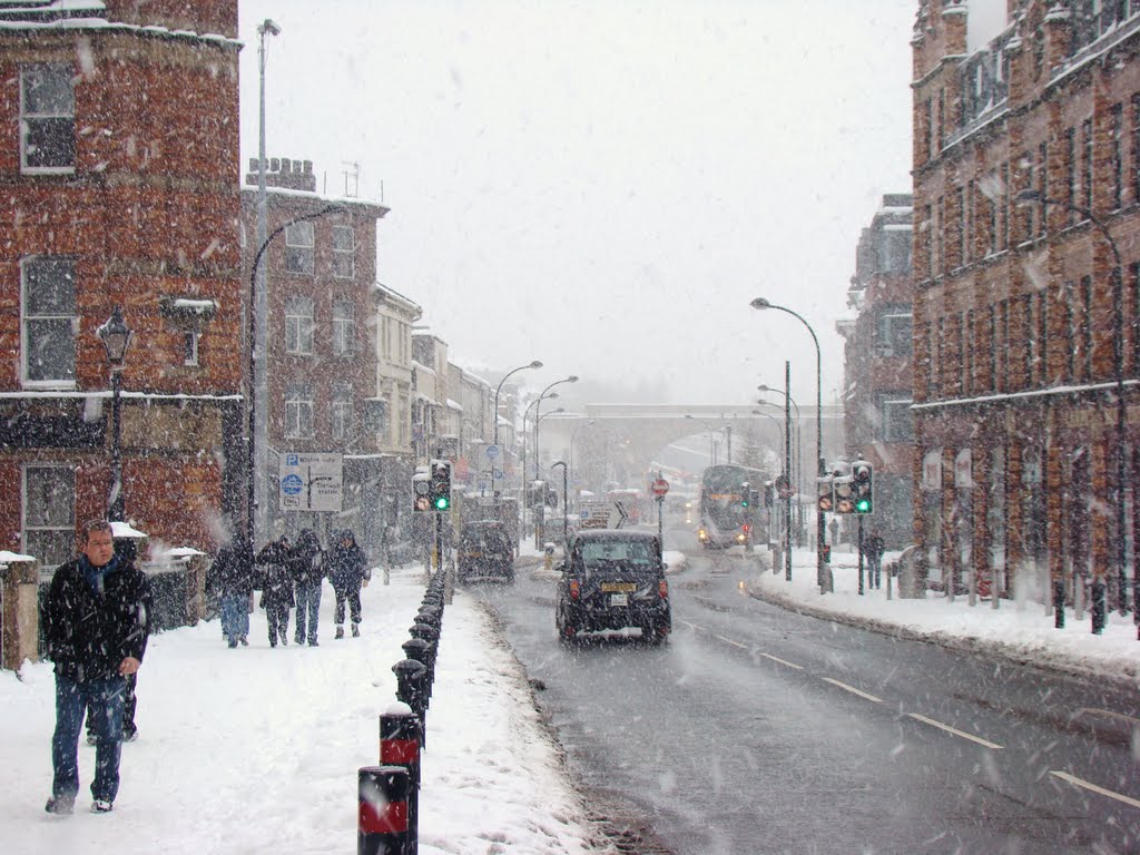 Snow storm on Lady's Bridge looking towards the Wicker, Sheffield S1/S3 by sixxsix