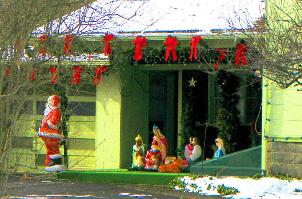 Green house,nativity, santa, wreaths & red bows by Geraldine Clark