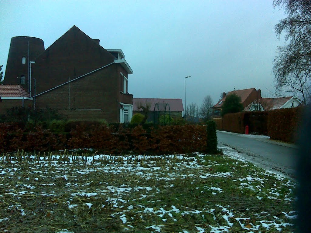 Lubbeek- Centrumwandeling - Broekstraat, zicht op bakstenen romp (helemaal links) van windmolen, gebouwd in 1863. by dominiektruyers