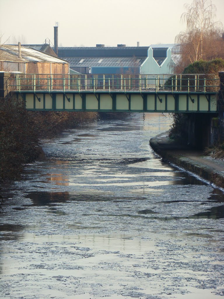 Partly frozen Sheffield Canal looking east from Cadman Street bridge, Sheffield S4 by sixxsix