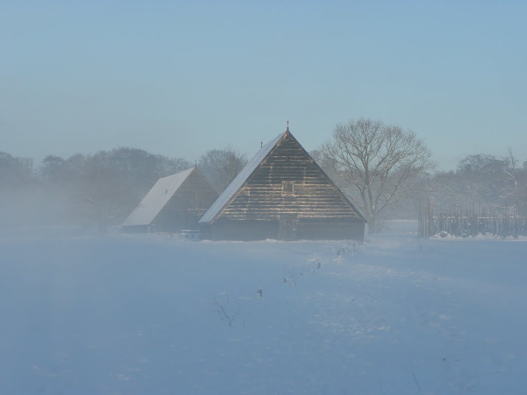 Tabaksschuren in mistig winterlicht , Old tobacco drying sheds in the fog by Mart61