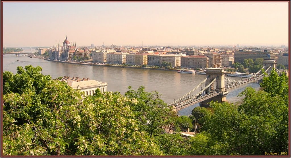 Im Hintergrund das Parlament und im Vordergrund die Kettenbrücke. Zwei der bekanntesten Sehenswürdigkeiten in Budapest/ Ungarn. by H. Hönow