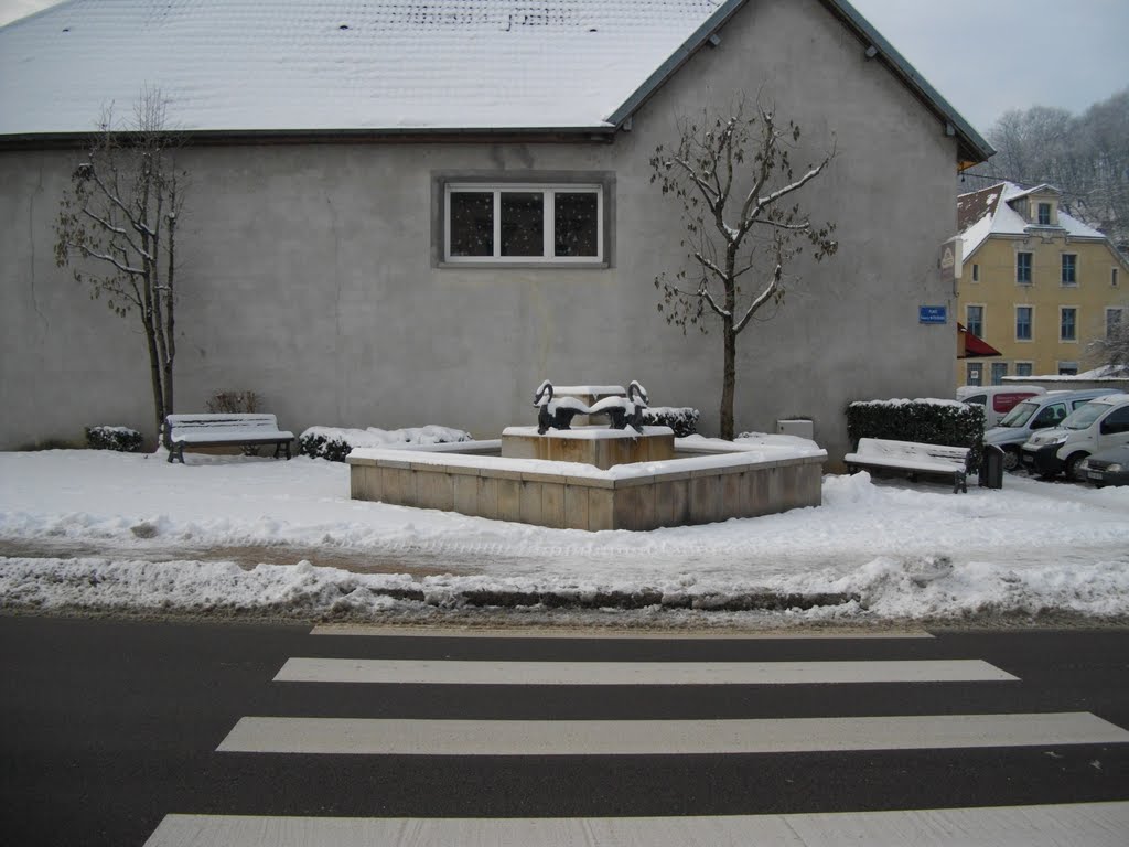 Fontaine aux cygnes devant la mairie sous la neige by Claudius B.